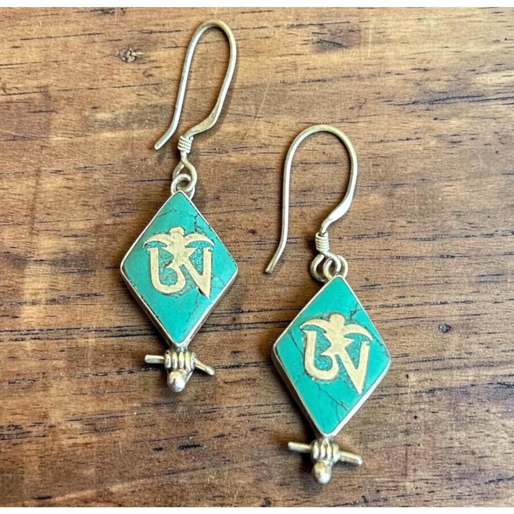 925 Sterling Silver Turquoise Inlay Om Earrings Aum Symbol Dangle Earrings